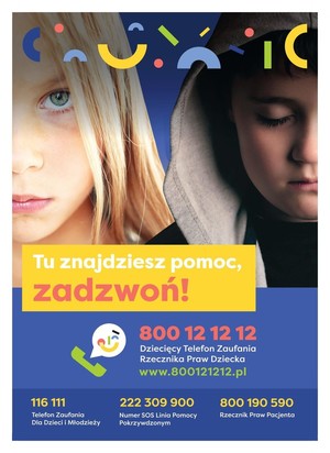 Plakat promujący dziecięcy telefon zaufania Rzecznika Praw Dziecka.