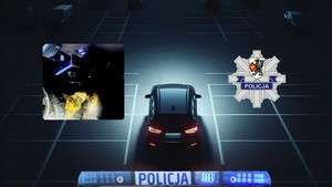 Grafika obrazująca. Auto na ciemnym parkingu. Po lewej stronie gwiazda policyjna, a po prawej zdjęcie psa przeszukującego samochód.