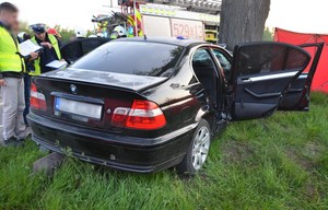 Policjanci prowadzą czynności służbowe na miejscu wypadku.