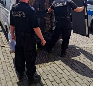 Policjanci przy radiowozie, przed rozpoczęciem konwoju z zatrzymanym.