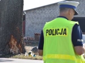 Policjant na miejscu wypadku. W tle drzewo ze zniszczoną korą, przy którym stoją znicze.