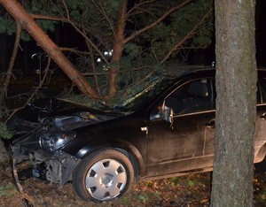 Rozbity w skutek uderzenia w drzewo opel z pniem wbitym w przednią szybę.