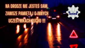 Grafika informująca z napisem o treści-Na drodze nie jesteś sam. Zawsze pamiętaj o innych uczestnikach ruchu.