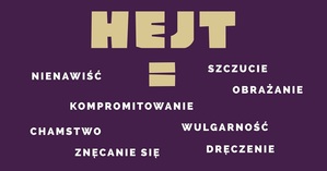 Grafika obrazkowa. Granatowe tło z wyrazami określającymi zachowania związane z hejtem.