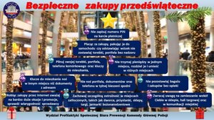 Niebieska choinka utworzona z prostokątów z napisami w kolorze białym, które związane są z bezpiecznymi zakupami.