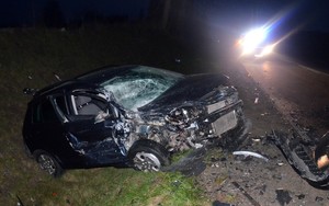 Na pierwszym planie widać stojącego w rowie volkswagena z rozbitym przodem. W tle na jezdni stoi policyjny radiowóz z włączonymi światłami błyskowymi.