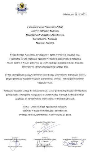 Życzenia Komendanta Wojewódzkiego Policji w Gdańsku.