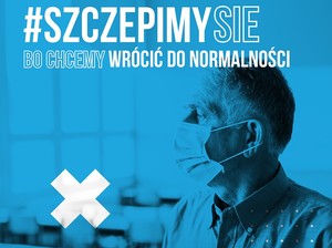 Plakat promujący szczepienie się. Grafika obrazkowa w kolorze czarno niebieskim z hasłem o treści #SzczepimySie