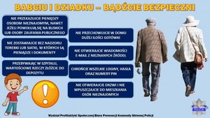 Grafika obrazkowa zatytułowana Babciu i dziadku - bądźcie bezpieczni. Na obrazku po prawej stronie dziadek i babcia zwróceni plecami do widza. W lewej dolnej części kadru namalowana postać wnuczka, wokół którego na niebieskich prostokątach zapisane są hasłowo informacje przestrzegające seniorów przed oszustami.