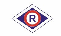 Znak graficzny. Emblemat funkcjonariuszy ruchu drogowego. Litera R w środku rombu.