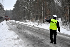 Policjant z drogówki kieruje ruchem na drodze.