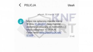 Zrzut treści sms-a  o niezapłaconym mandacie.