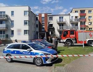 Policyjny radiowóz na tle ugaszonego bloku.