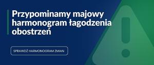 Grafika obrazkowa. Biały napis o treści &quot;przypominamy majowy harmonogram łagodzenia obostrzeń&quot;.