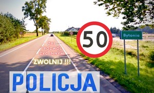 Grafika obrazkowa. Wjazd do miejscowości Bytonia. Znak ograniczający prędkość do 50 km/h.