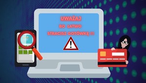 Grafika wektorowa. Laptop i telefon komórkowy, kobieta z kartą płatniczą oraz napis o treści &quot;Uważaj, bo łatwo stracisz gotówkę&quot;.
