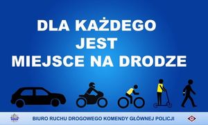 Grafika obrazkowa. Piktogramy pieszego, hulajnogi, motocyklisty i auta osobowego. Powyżej biały napis &quot;Dla każdego jest miejsce na drodze&quot;.
