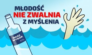 Plansza tytułowa. Napis &quot;Młodość nie zwalnia z myślenia&quot;.
