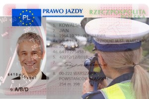 Grafika obrazkowa. Dwa nałożone na siebie zdjęcia. Dokument  Prawa Jazdy oraz policjantki z radarem.