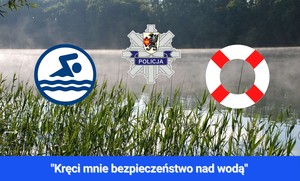Grafika obrazkowa. W tle poranna mgła nad taflą jeziora. Na pierwszym planie znaki graficzne: pływającej osoby, gwiazda policyjna z herbem powiatu starogardzkiego oraz koło ratunkowe.