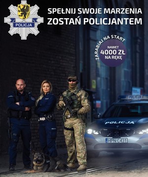 Plakat zachęcający do w stąpienia w szeregi mundurowych. Zdjęcie policjantów na tle radiowozu.