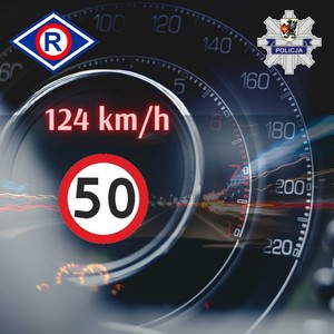 Grafika obrazkowa nawiązująca do przekraczania prędkości. Znak ograniczający prędkość do 50 km. h na tle liczników samochodowych.