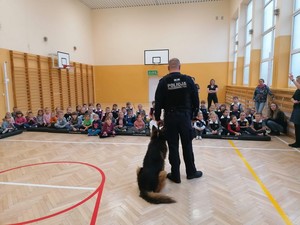 Przewodnik psa policyjnego prezentuje dzieciom bezpieczne zachowania wobec agresywnych zwierząt.