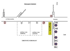 Mapa obrazująca organizację ruchu w rejonie cmentarza.
