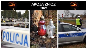 Grafika obrazkowa. Kolaż 3 zdjęć. Cmentarz. Znicze przy drzewie w miejscu wypadku drogowego. Kogut policyjnego radiowozu.