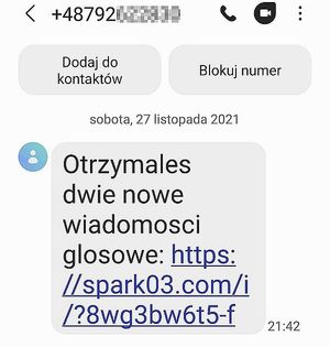 Zdjęcie ekranu telefonu z treścią przesyłanej wiadomości.