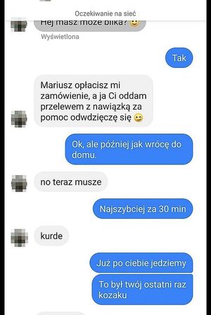 Zdjęcie ekranu telefonu z treścią przesyłanej wiadomości.