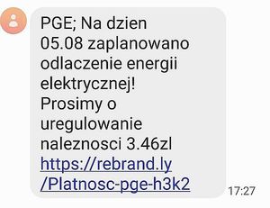 Zdjęcie ekranu telefonu z treścią przesyłanej wiadomości.