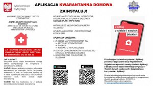 Grafika obrazkowa. Ulotka dotycząca informacji na temat aplikacji Kwarantanna Domowa.