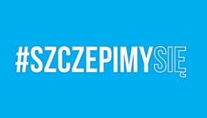 Na niebieskim tle biały napis o treści #SZCZEPIMYSIĘ
