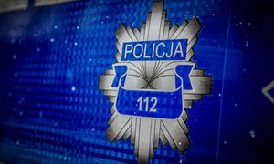 Logo policji na drzwiach radiowozu