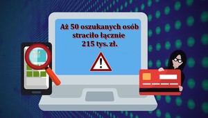 Grafika obrazkowa. Komputer, telefon, lupa, karta bankomatowa i oszust.