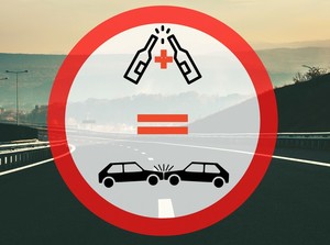 Grafika obrazkowa. Droga dwupasmowa w tle, a na pierwszym planie znak zakazu ruchu oraz dwie butelki stykające się szyjkami. Poniżej rysunek dwóch aut, które zderzyły się czołowo.