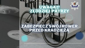 Grafika obrazkowa. Złodziej w kominiarce i rower przy balustradzie schodów. Napis o treści Uwaga!!! Złodziej patrzy. Zabezpiecz swój rower.
