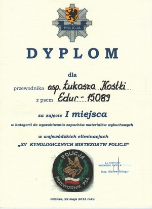 Dyplom za pierwsze miejsce w zawodach Kynologicznych.