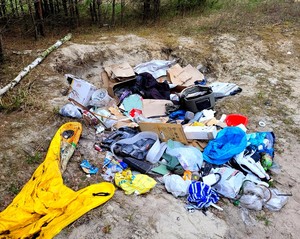 Rozrzucone w dole śmieci pochodzące z gospodarstwa domowego.