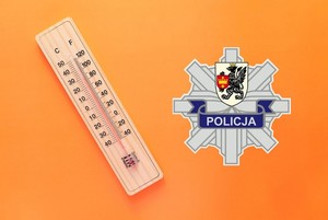 Na pomarańczowym tle - po lewej stronie termometr wskazujący temperaturę 30 stopni Celsjusza, po prawej policyjna gwiazda z herbem Starogardu Gdańskiego.