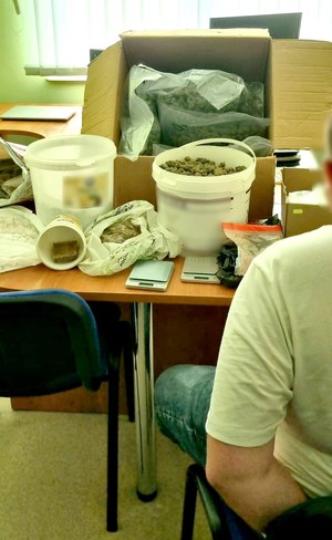 Zatrzymany mężczyzna siedzi na krześle. Na drugim planie widoczny karton i wiadra z zabezpieczonymi narkotykami. Zdjęcie wykonano w pomieszczeniu biurowym na tle zielonych żaluzji okiennych.