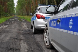 Policyjne radiowozy zaparkowane przy leśnej drodze.