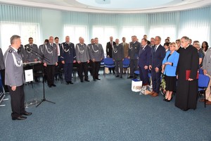 Policjanci w czasie uroczystości Święta Policji, na auli KPP w Starogardzie Gdańskim.