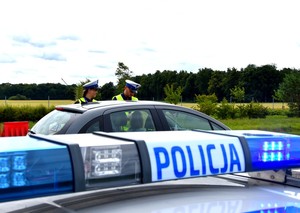 Na pierwszym planie kogut policyjny na dachu radiowozu. Na drugim planie policjanci prowadzą kontrolę drogową. trwa rozmowa z kierowcą zatrzymanego auta.