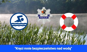 Grafika obrazkowa. Na tle jeziora i trzciny Znak informacyjny zezwalający na pływanie, gwiazda policyjna oraz koło ratunkowe. Poniżej na niebieskim tle biały napis o treści: Kręci mnie bezpieczeństwo nad wodą.