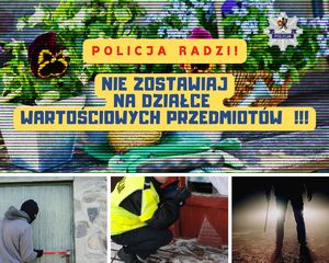 Grafika obrazkowa. Kolarz zdjęć. Na pierwszym największym kwiaty w doniczkach i narzędzia ogrodnicze. Poniżej 3 zdjęcia. Z od lewej: Włamywacz z łomem. W środku: Policjantka prowadzi oględziny wybitej szyby. Po prawej: Przestępca w nocy stoi w świetle samochodowych reflektorów. Na górnym zdjęciu napis: Policja Radzi! Nie zostawiaj na działce wartościowych przedmiotów!