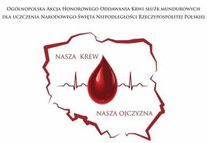 Logo ogólnopolskiej akcji Moja Krew-Nasza Ojczyzna. Na białym tle czerwony zarys granic Polski, wewnątrz czerwona kropla krwi.