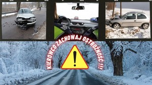 Grafika obrazkowa. Kolaż zdjęć. Na tle zimowych warunków drogowych dwa zdjęcia pojazdów uczestniczących w zdarzeniach drogowych. Pomiędzy nimi zdjęcie policjantki kierującej radiowozem. Poniżej znak ostrzegawczy &quot;UWAGA&quot;, a wokół niego napis: Kierowco zachowaj ostrożność !!!