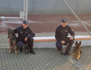 Przewodnicy z psami pozują do zdjęcia na wewnętrznym placu aresztu.